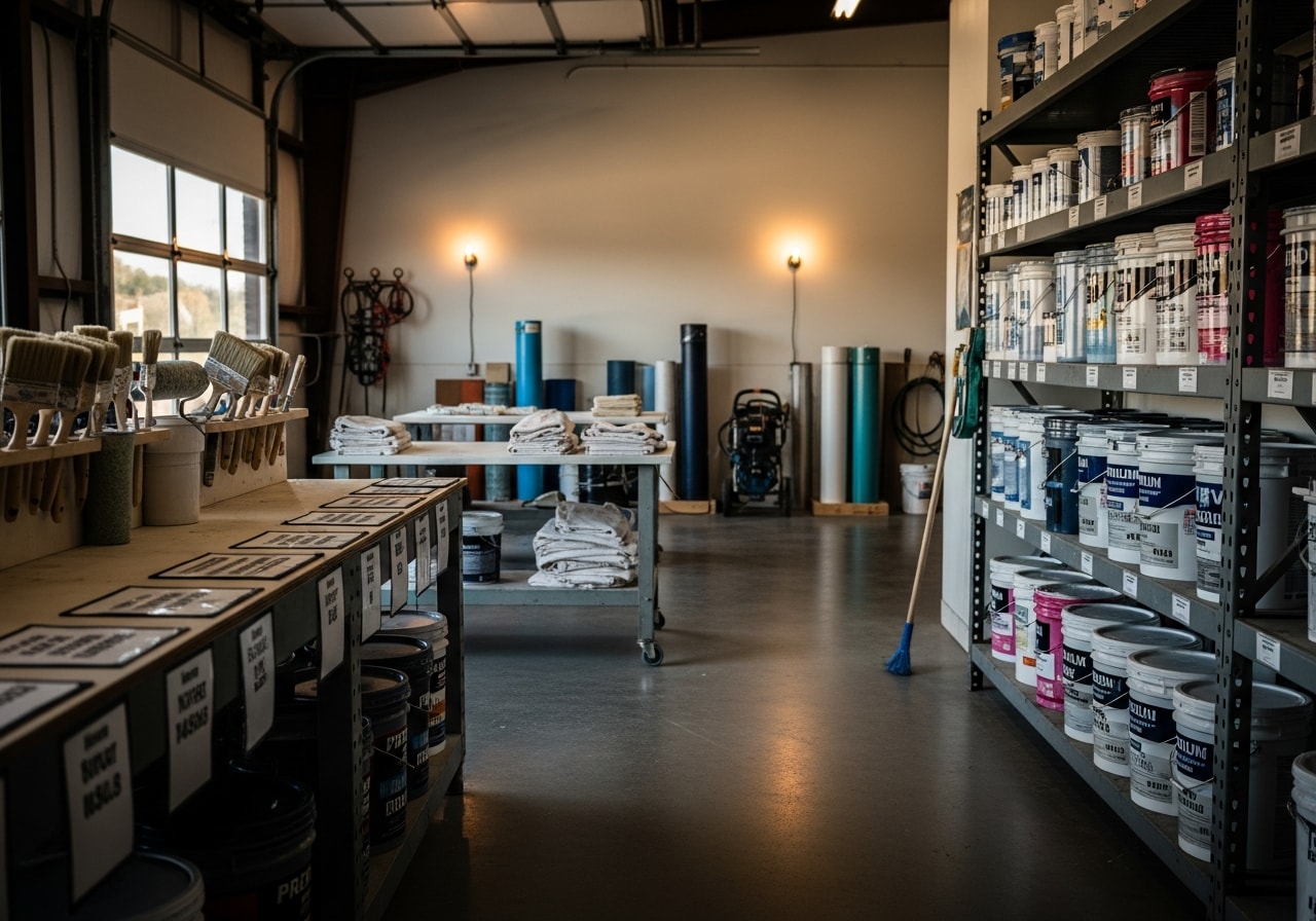 Professional painting crew with tools and equipment ready for interior and exterior projects. Shop floor setup showing paint supplies and preparation materials.