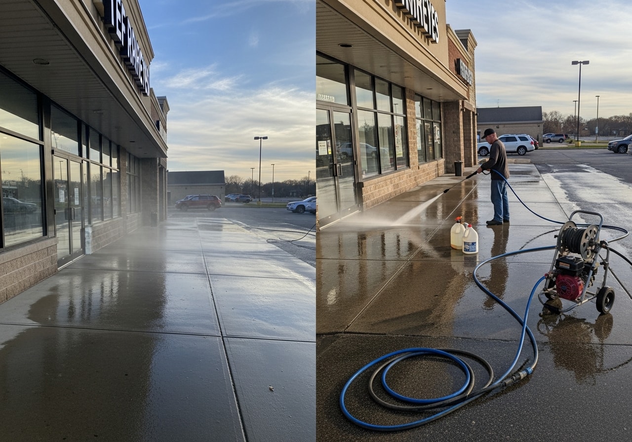 Cleaned commercial storefront and parking lot in Mercer County