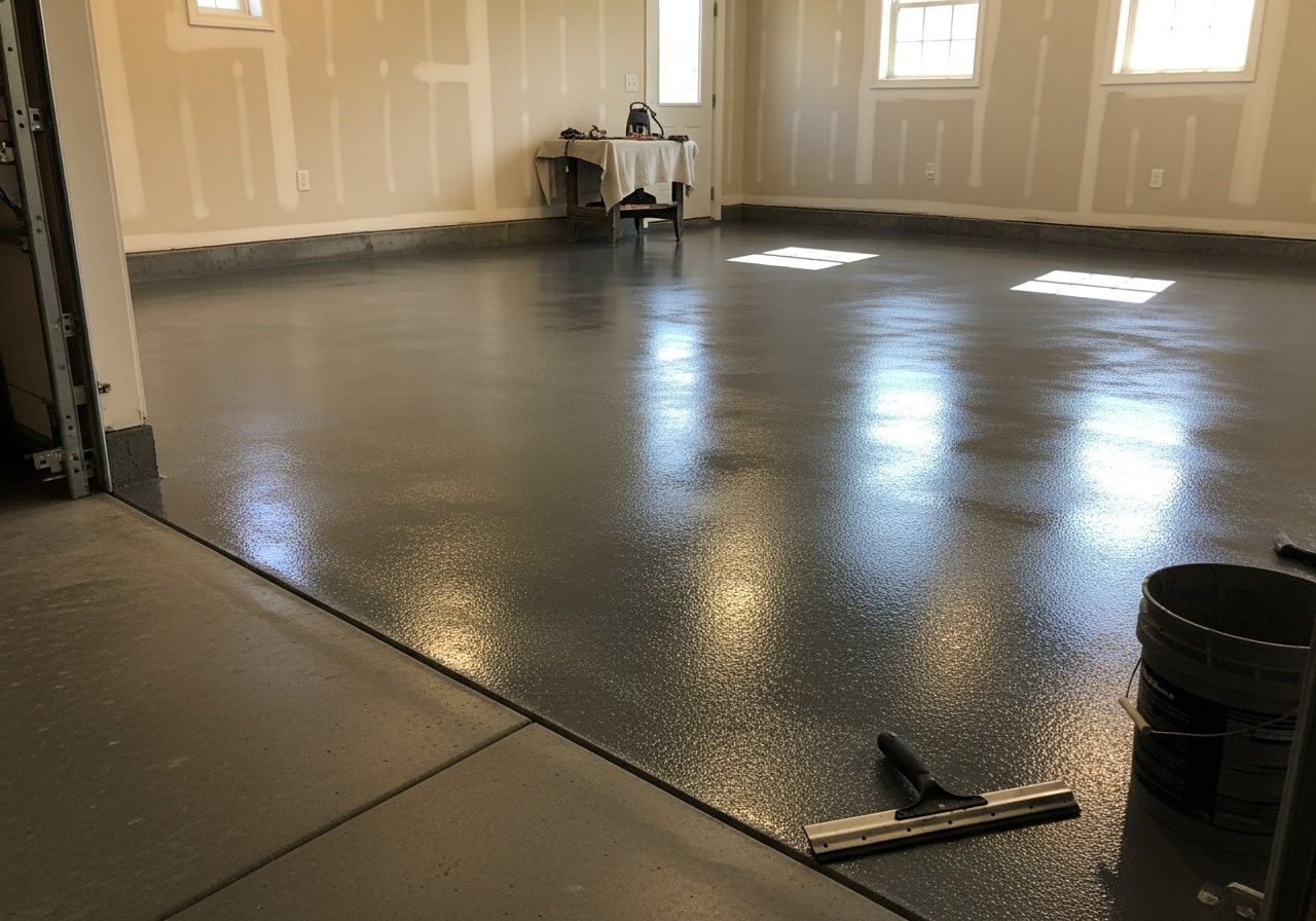 Metallic gray epoxy garage floor installation in Lawrence County