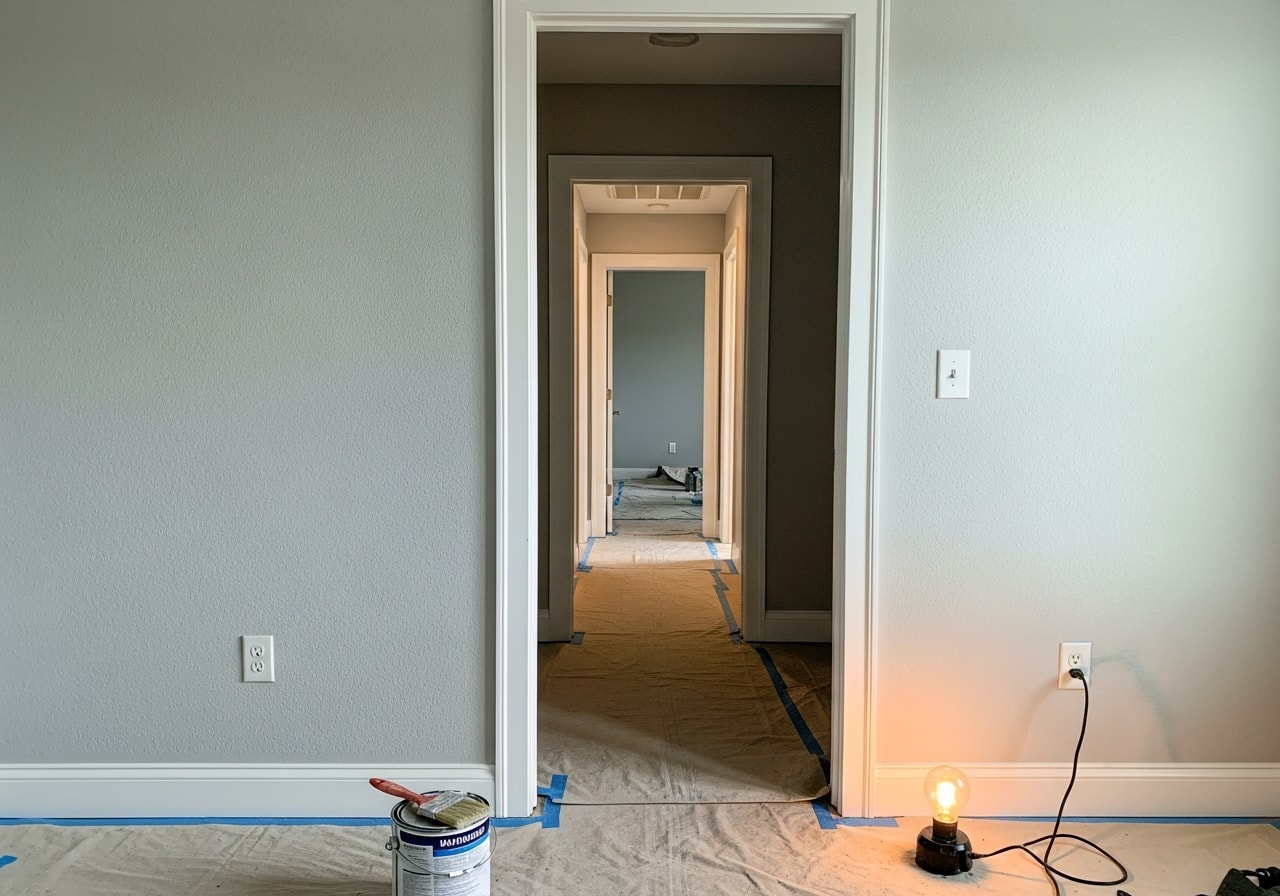 Freshly painted bedrooms and hallway with soft gray finish in Cranberry