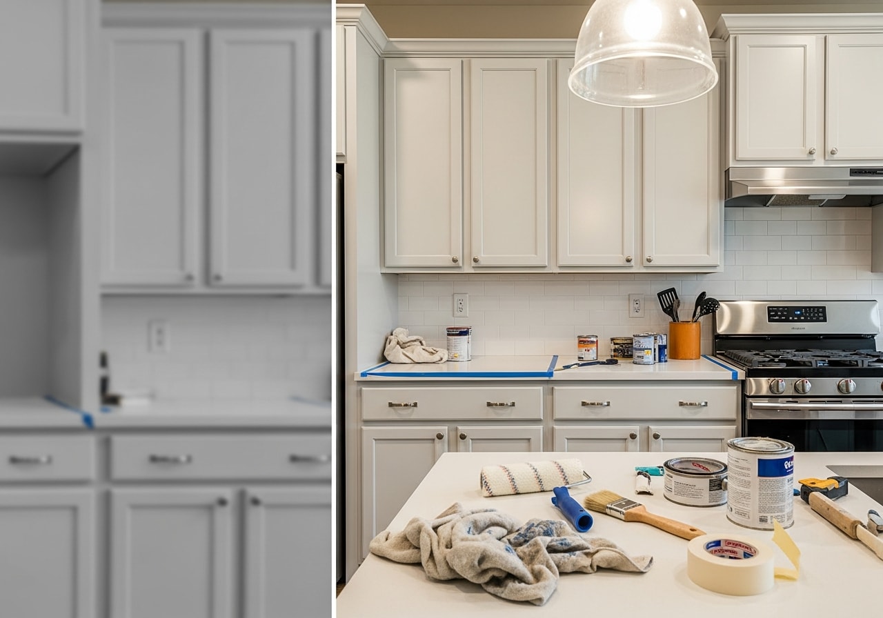 Freshly painted kitchen cabinets with satin finish in Boardman home