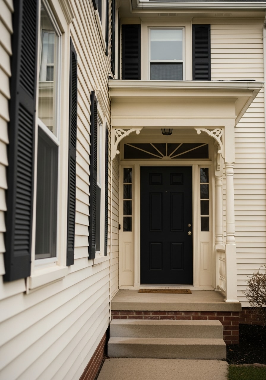 Close-up of a Canfield home's exterior entrance with classic architectural details and a welcoming front porch.