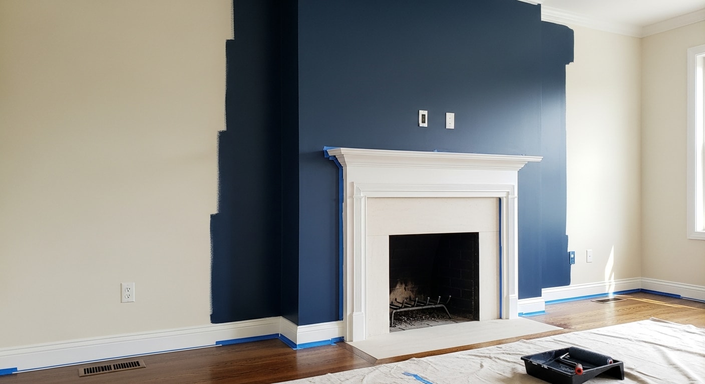 A freshly painted deep-toned accent wall behind a fireplace in a Canfield Colonial-style living room, with clean edge lines along white trim and neutral walls on either side. The contrast highlights the room's architectural focal point.