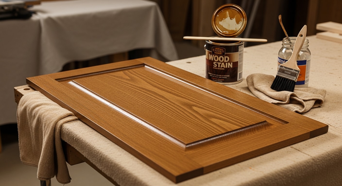 Freshly stained wood kitchen cabinets in a Canfield, Ohio home showing even color and a clean protective finish. Close-up view of cabinet doors and drawer fronts after professional staining and sealing by Kevin Brodie Services.