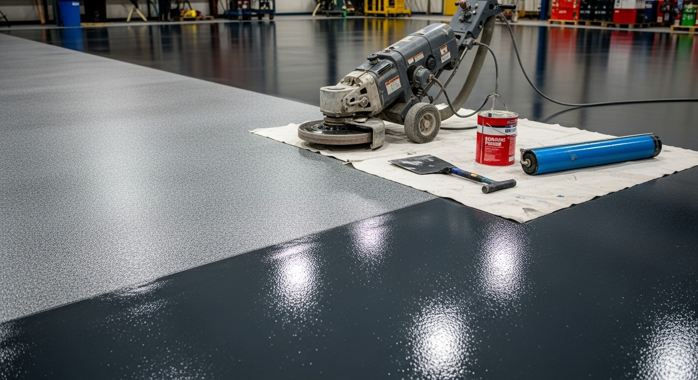 Freshly installed commercial epoxy floor inside a Canfield, Ohio warehouse, showing a smooth high-gloss gray surface under overhead lighting. The sealed concrete floor reflects light evenly across the open floor area with no visible cracks or staining.