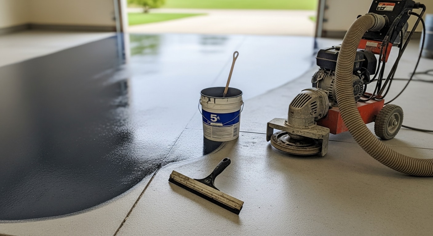 A freshly epoxy-coated concrete garage floor in a Canfield, Ohio home, showing a smooth, glossy surface free of stains and pitting. The finished floor reflects overhead lighting in a two-car garage with clean walls and organized storage.