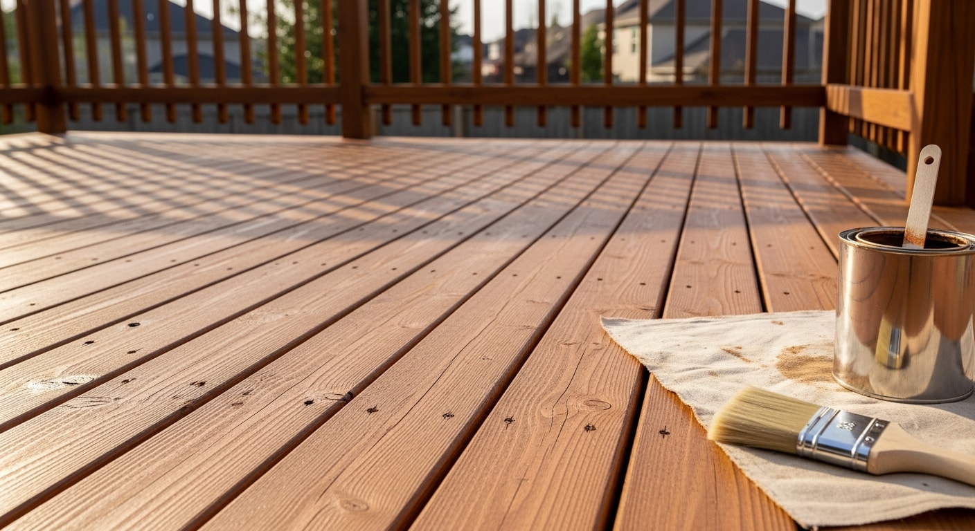 A freshly stained wood deck behind a single-family home in Canfield, Ohio, with even color coverage across all boards and railings. The deck surface shows clean grain texture and no graying, set against a residential backyard.