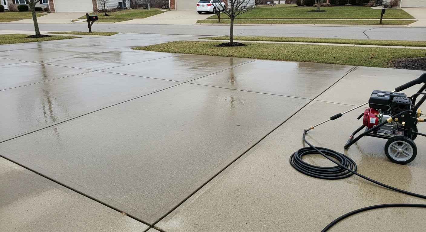 A concrete residential driveway in Canfield, Ohio shown after professional pressure washing, with clean gray surface free of algae staining and tire marks. The driveway apron and expansion joints are visibly clear of dark organic buildup.