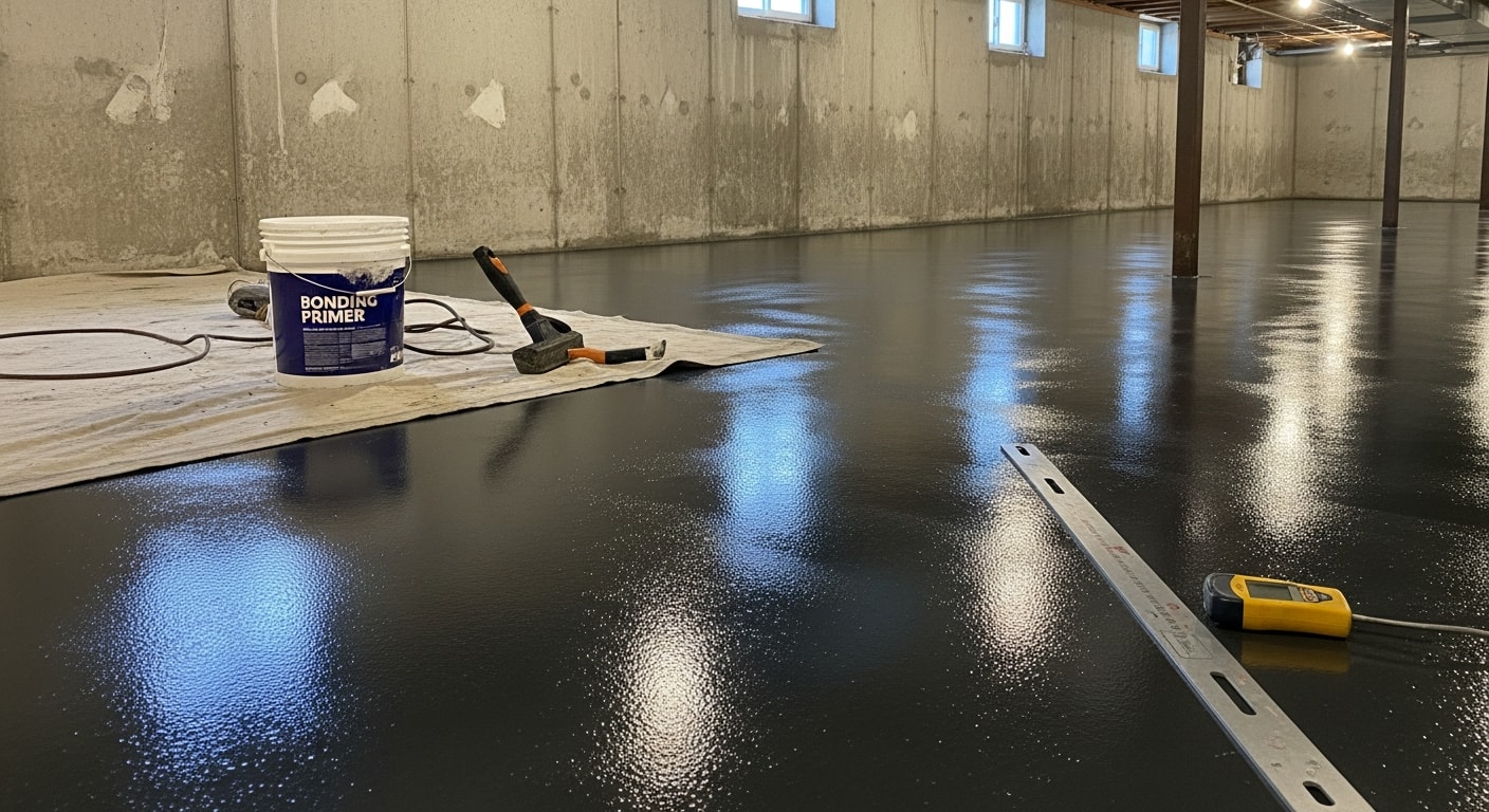 Freshly installed epoxy basement floor in a Canfield, Ohio home, showing a smooth, light-gray sealed concrete surface with even sheen under overhead lighting. The below-grade space is clean and dry with visible walls and a utility area in the background.