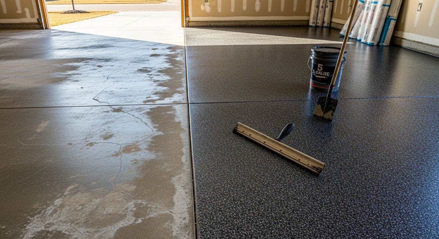 A freshly epoxy-coated two-car garage floor in a Canfield, Ohio residential home, showing a smooth, glossy gray surface free of cracks and staining. The sealed concrete reflects overhead lighting in a clean, finished suburban garage space.