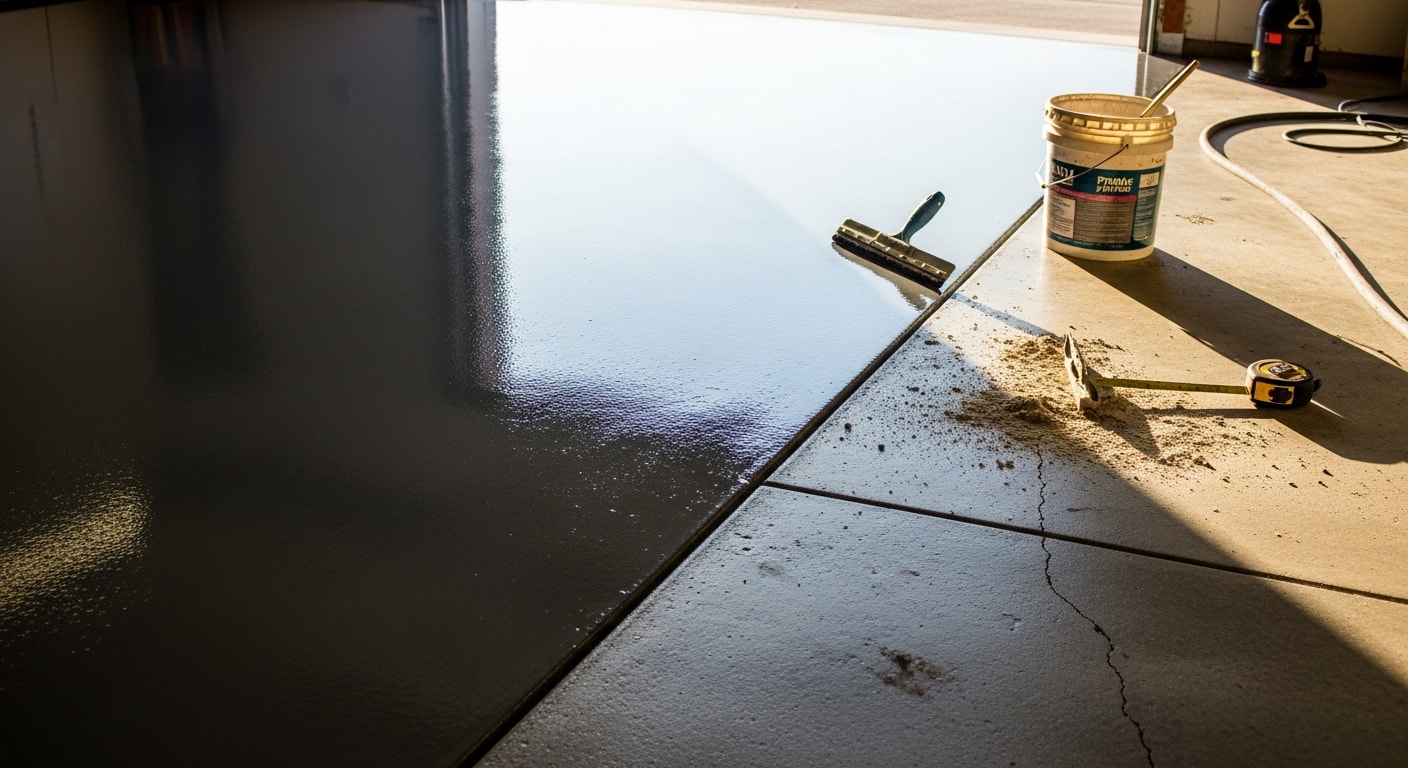 Finished epoxy garage floor in a Canfield, Ohio home showing a smooth, glossy gray surface with decorative flake chips. A vehicle is parked on the sealed concrete slab inside a two-car attached garage.