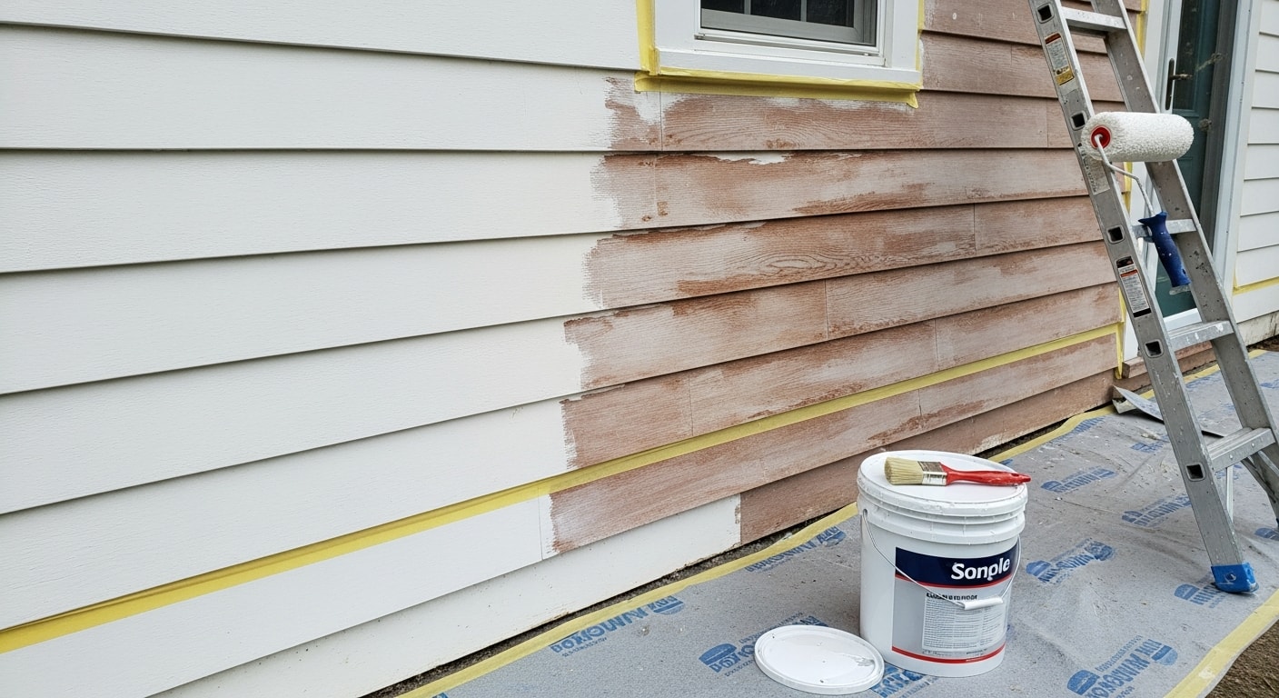 A freshly painted two-story Colonial-style home in Canfield, Ohio, with clean siding, white trim, and a painted front door. Close-up view shows sharp lines where the body color meets the trim on a residential street.