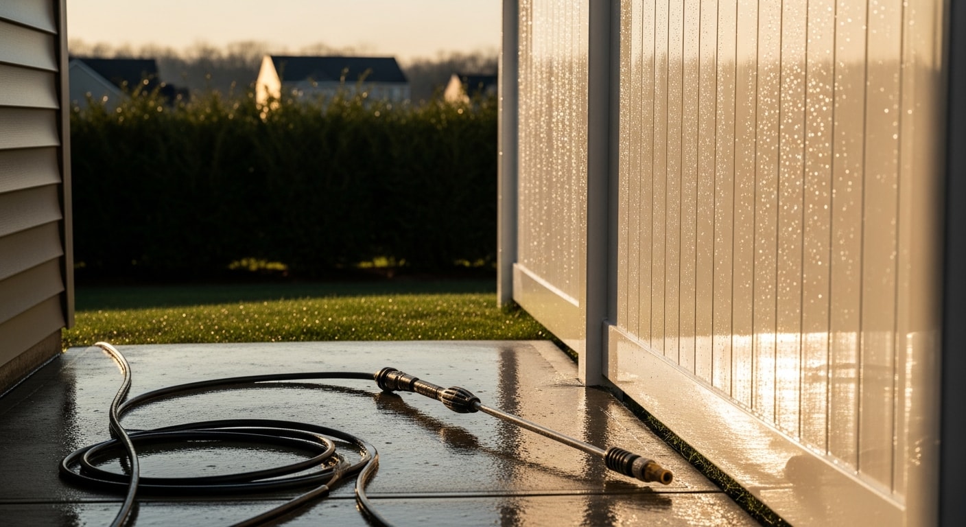A residential wood privacy fence in a Canfield, Ohio subdivision after pressure washing, showing a clean, even surface with mold and dark staining removed. The fence runs along a backyard property line with a suburban home visible in the background.