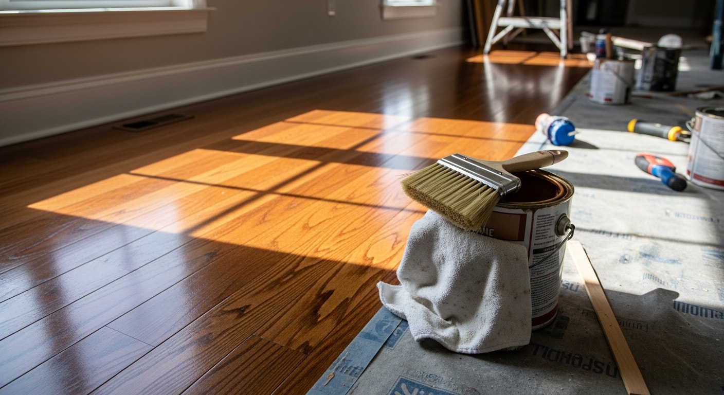Interior staircase in a Canfield, Ohio home with freshly stained wood treads and trim showing a smooth, even finish. Close-up view of the stained wood surface after professional prep and topcoat application by Kevin Brodie Services.