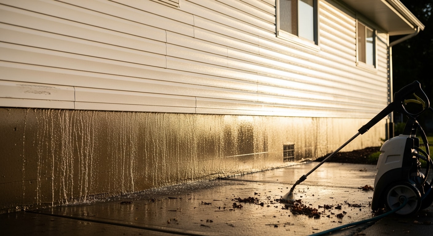 A Canfield Ohio residential home with vinyl siding being pressure washed, showing clean panels on one side and dark algae staining on the uncleaned section. A pressure washing wand is aimed at the siding surface from a downward angle.