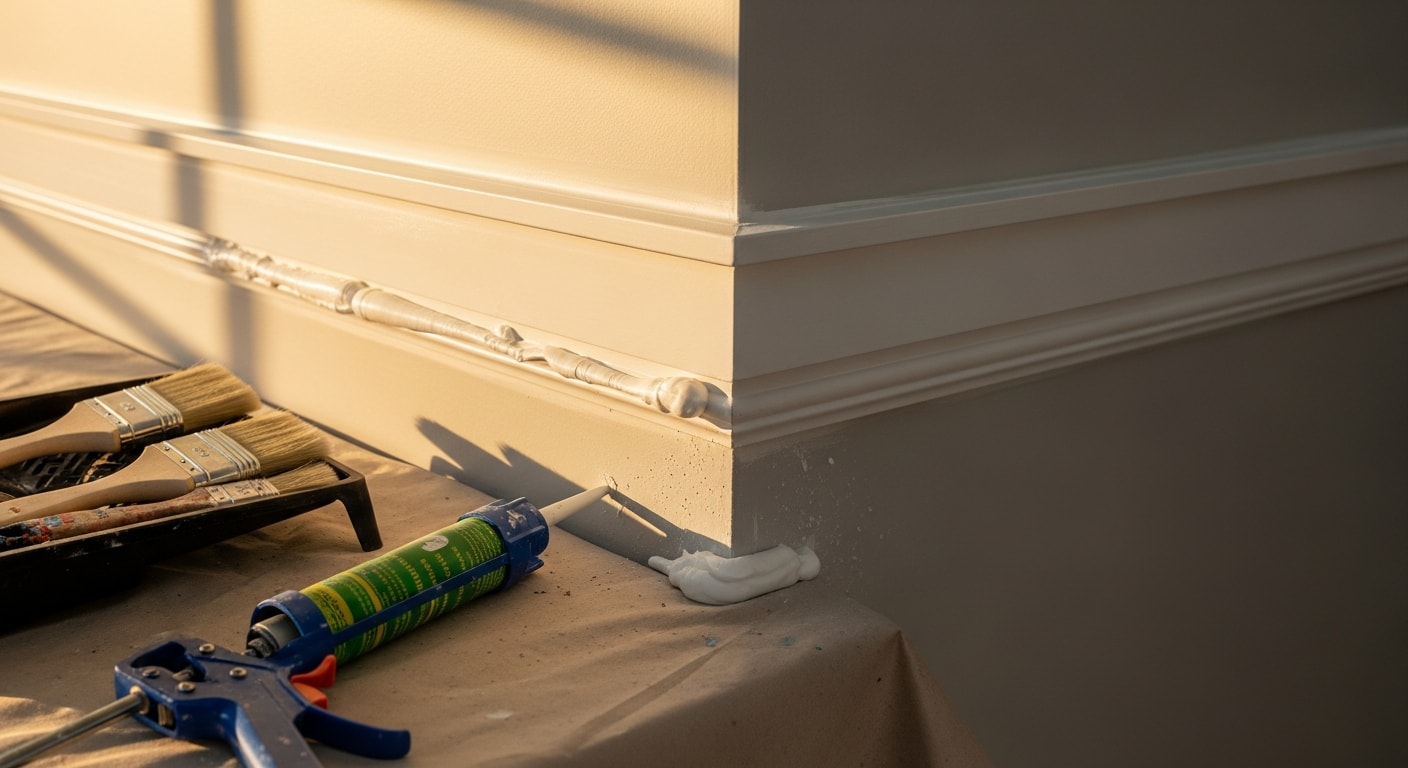 Freshly painted white crown molding and baseboards in a Canfield Ohio home interior, with sharp paint lines where trim meets the wall. Close-up view showing smooth, even finish on door casing and window frame after professional trim painting.