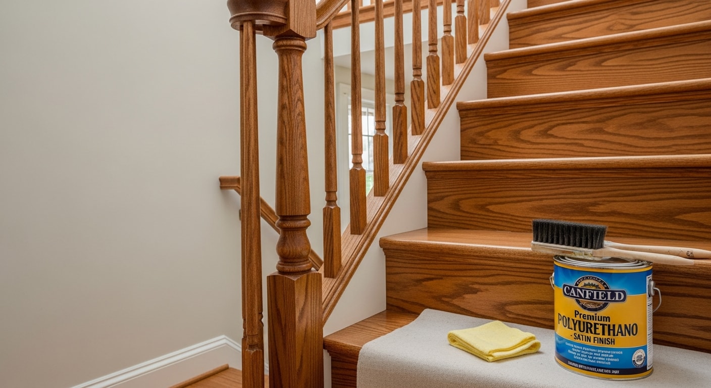 Close-up of freshly varnished interior wood trim and a paneled door inside a Canfield, Ohio home, showing a smooth, clear finish with even sheen. The surrounding woodwork reflects the Colonial-style detailing common in Canfield's residential housing stock.